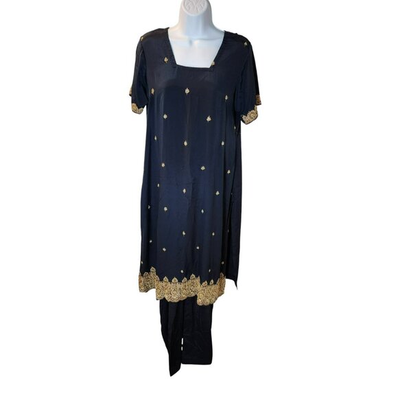 2pc Punjabi Suit Est. L Navy Gold Embroidered + Sequins Desi Festival Ethnicwe - Picture 2 of 9